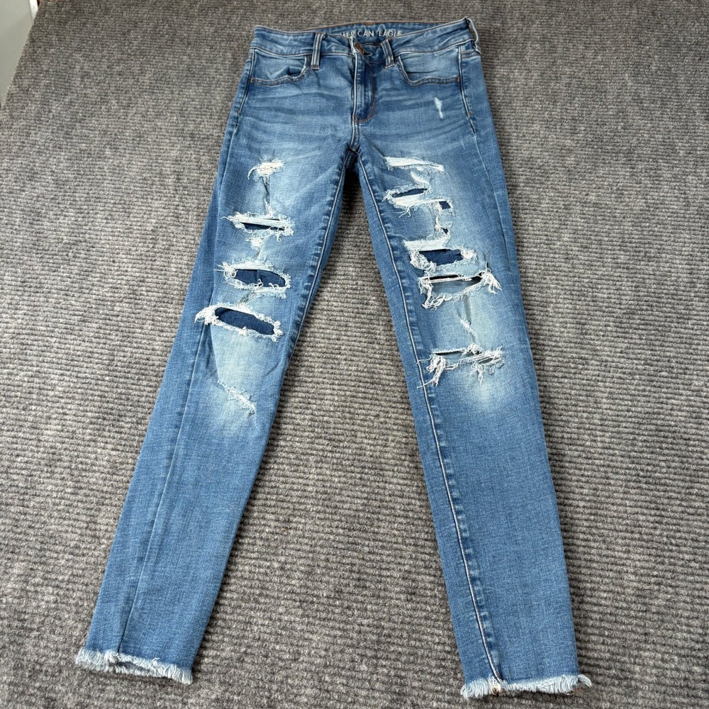 American Eagle Super Stretch Ripped Skinny Jeggings Blue Medium Wash Womens 6